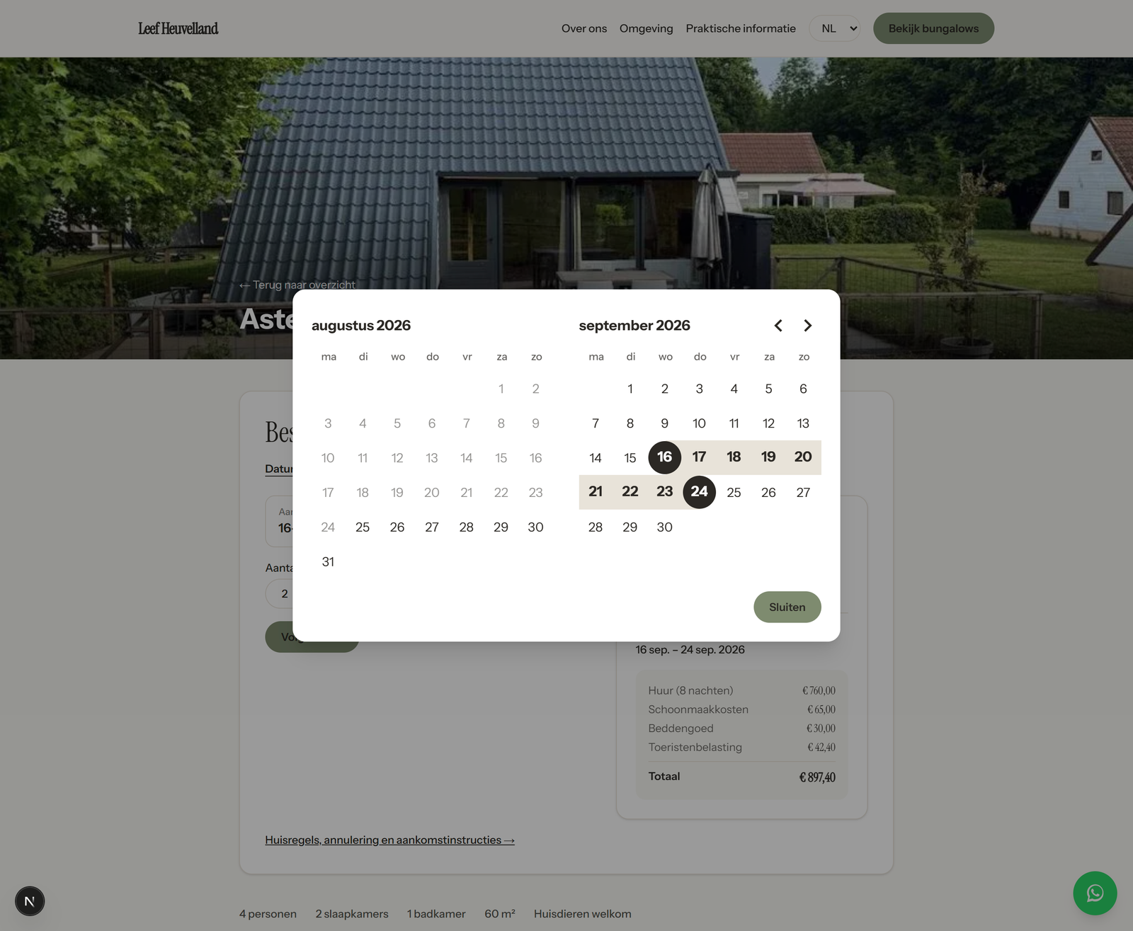 Datums kiezen en prijsberekening in het boekingssysteem