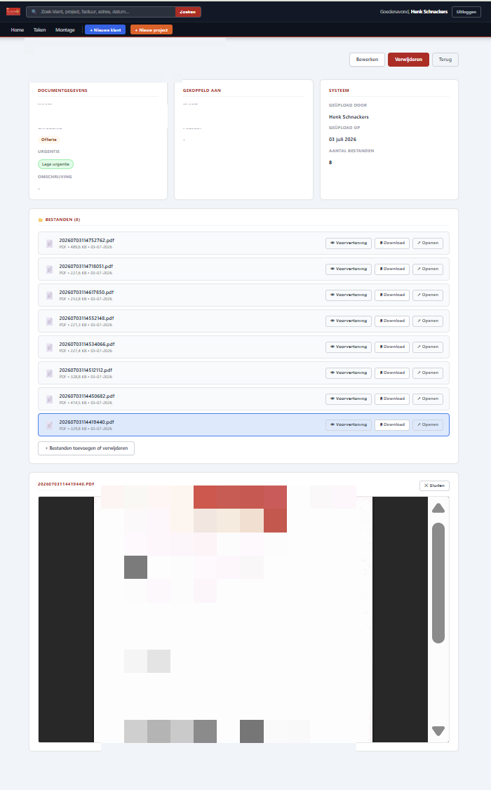 Documentdetail met pdf-voorvertoning in HenkCRM