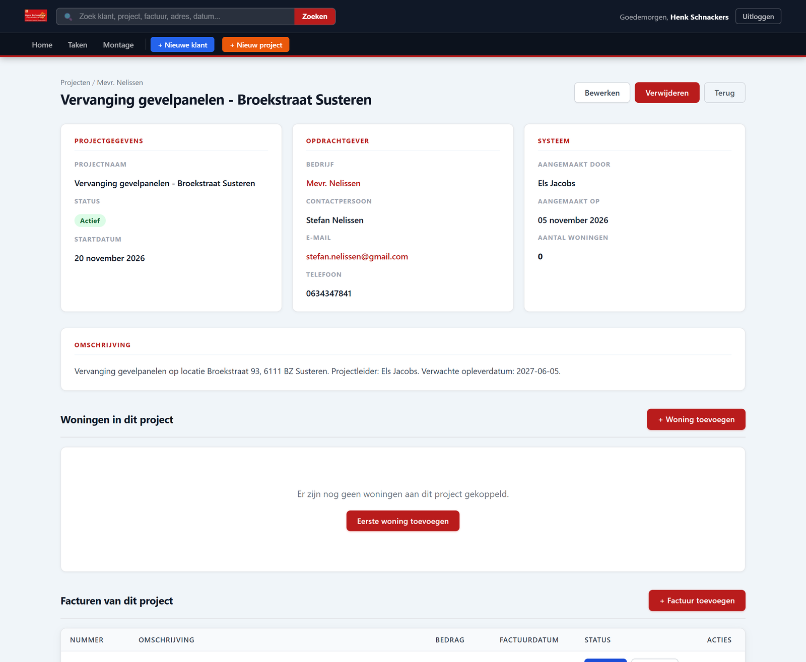 Projectdetail met opdrachtgever, facturen en documenten in HenkCRM