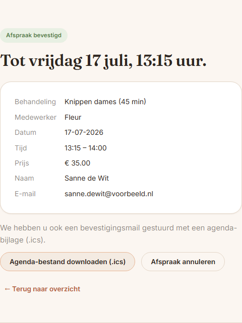 Bevestigde afspraak in het online boekingssysteem