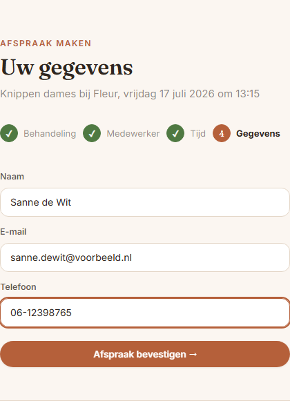 Gegevens invullen in het online boekingssysteem
