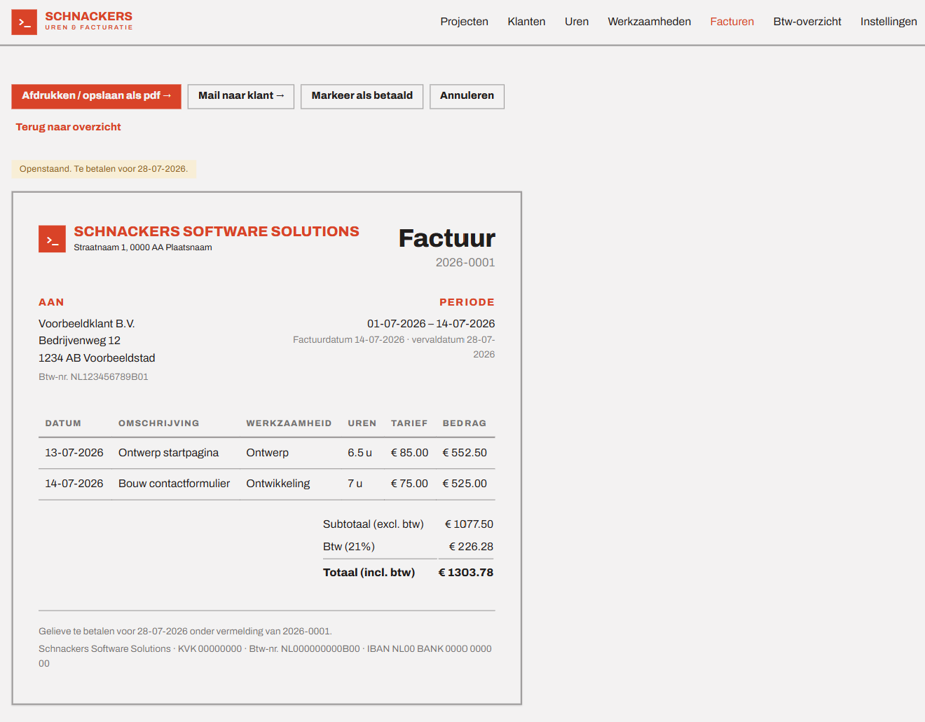 Factuurdetail met btw-specificatie in de urenregistratie-demo
