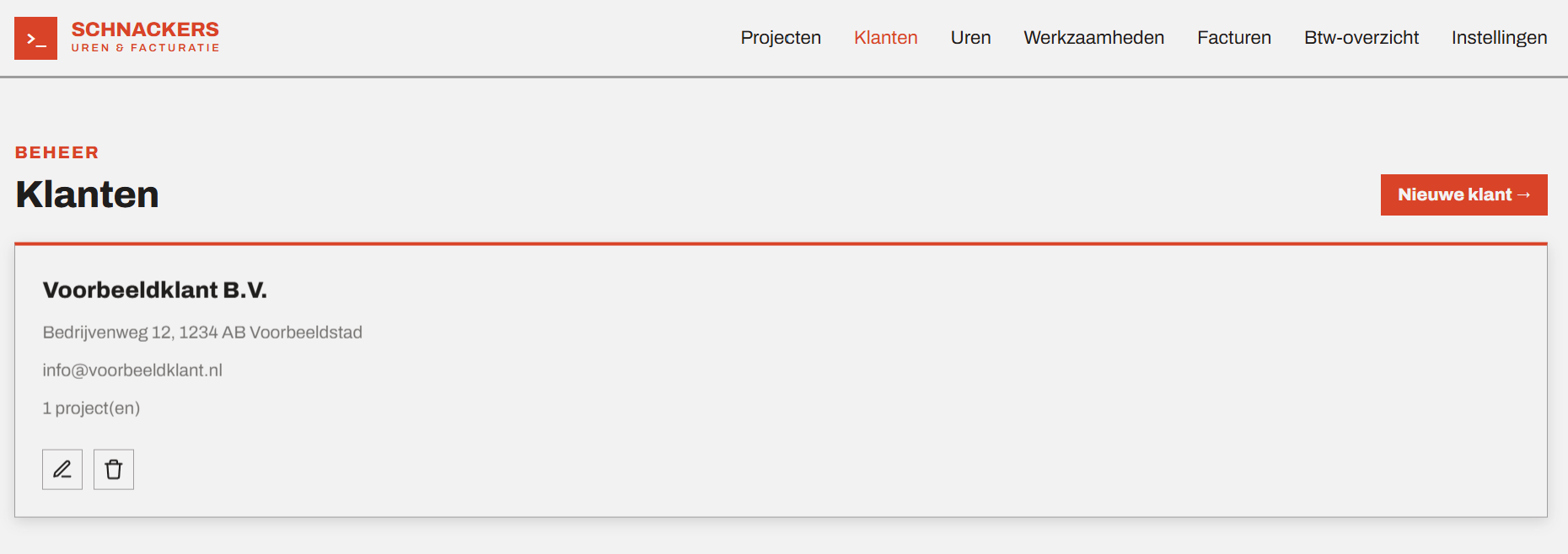 Klantenbeheer in de urenregistratie-demo